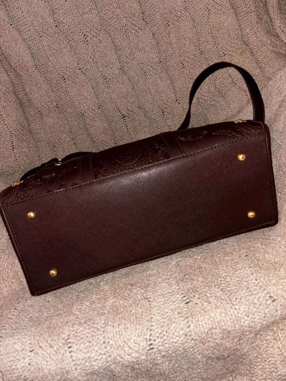 Betsey Johnson Brown Skull & Floral Embossed Tote Bag - Gold Skull Studs - Picture 9 of 11